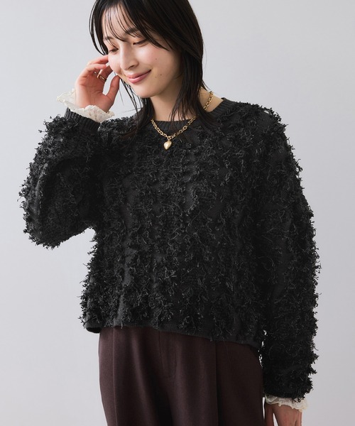 VIS（ビス）の「リボンヤーンフリンジニットプルオーバー（ニット/セーター・レディース・オフホワイト/チャコールグレー/ピンク系その他2・FREE）」の6枚目の写真