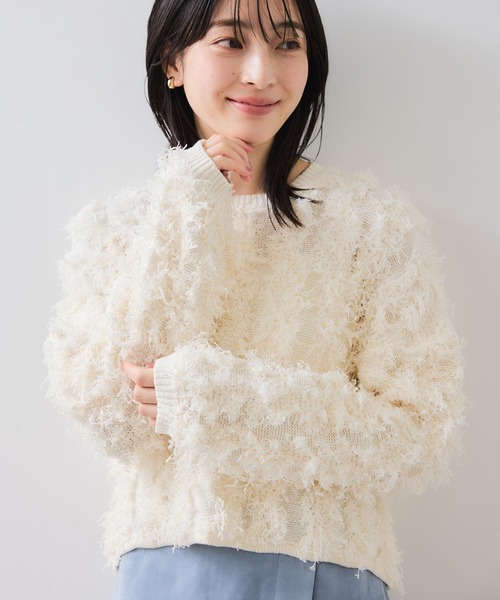 VIS（ビス）の「リボンヤーンフリンジニットプルオーバー（ニット/セーター・レディース・オフホワイト/チャコールグレー/ピンク系その他2・FREE）」の12枚目の写真