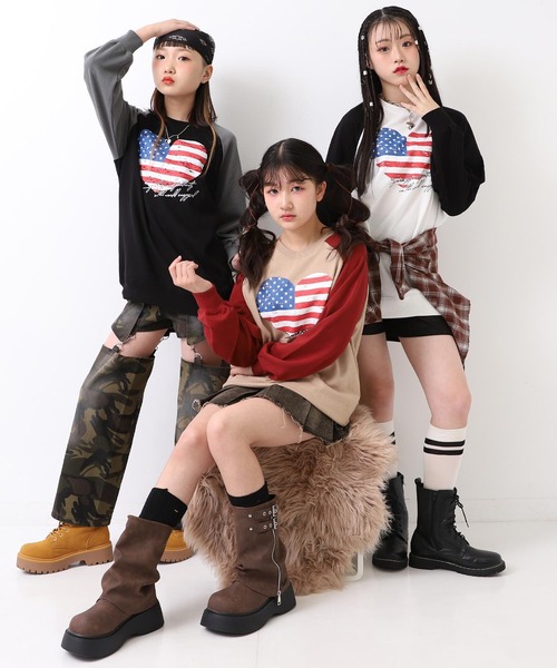 ANAP GｉRL（アナップガール）の「アメリカンハート ラグラン オーバー スウェット（スウェット・キッズ・ブラック/ダークアッシュ/レッド・XS/S/M）」の4枚目の写真