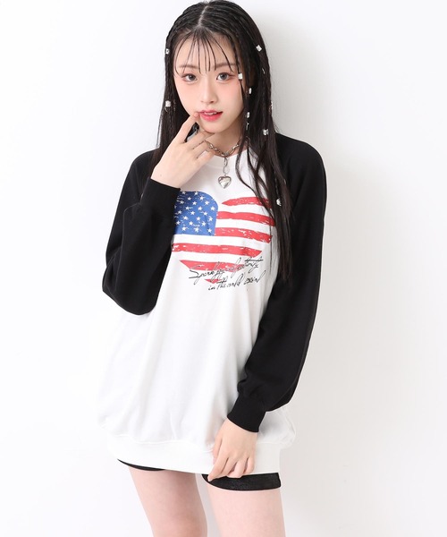 ANAP GｉRL（アナップガール）の「アメリカンハート ラグラン オーバー スウェット（スウェット・キッズ・ブラック/ダークアッシュ/レッド・XS/S/M）」の7枚目の写真