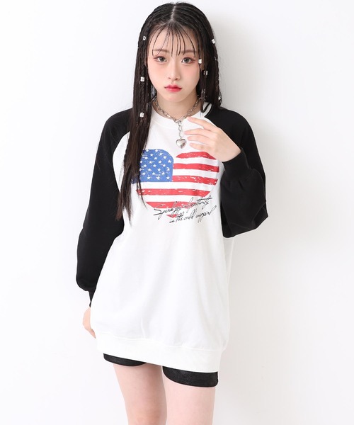 ANAP GｉRL（アナップガール）の「アメリカンハート ラグラン オーバー スウェット（スウェット・キッズ・ブラック/ダークアッシュ/レッド・XS/S/M）」の8枚目の写真