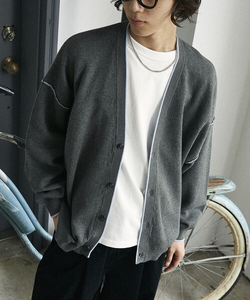 PUBLUX(パブリュクス)の「PUBLUX/パブリュクス 配色ニットカーディガン(限定展開)(カーディガン/ボレロ・メンズ・ベージュ/ブラック/グレー・SMALL/MEDIUM/LARGE)」の3枚目の写真