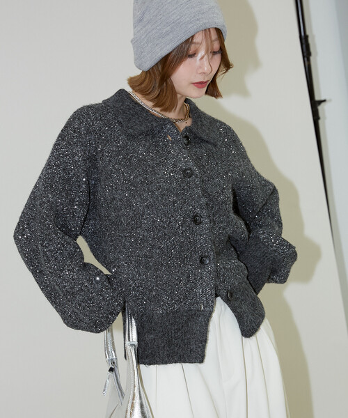 PUBLUX（パブリュクス）の「PUBLUX/パブリュクス スパンコール プレーティング ポロ カーディガン　限定展開（カーディガン/ボレロ・レディース・オフホワイト/チャコールグレー/ベージュ/ブラウン・ﾌﾘ-）」の5枚目の写真