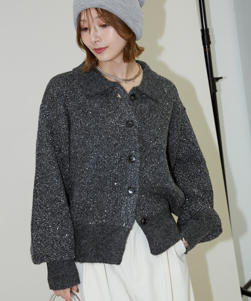 PUBLUX（パブリュクス）の「PUBLUX/パブリュクス スパンコール プレーティング ポロ カーディガン　限定展開（カーディガン/ボレロ・レディース・オフホワイト/チャコールグレー/ベージュ/ブラウン・ﾌﾘ-）」の7枚目の写真