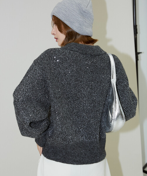 PUBLUX（パブリュクス）の「PUBLUX/パブリュクス スパンコール プレーティング ポロ カーディガン　限定展開（カーディガン/ボレロ・レディース・オフホワイト/チャコールグレー/ベージュ/ブラウン・ﾌﾘ-）」の8枚目の写真