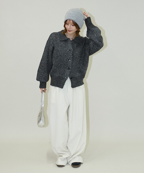 PUBLUX（パブリュクス）の「PUBLUX/パブリュクス スパンコール プレーティング ポロ カーディガン　限定展開（カーディガン/ボレロ・レディース・オフホワイト/チャコールグレー/ベージュ/ブラウン・ﾌﾘ-）」の9枚目の写真