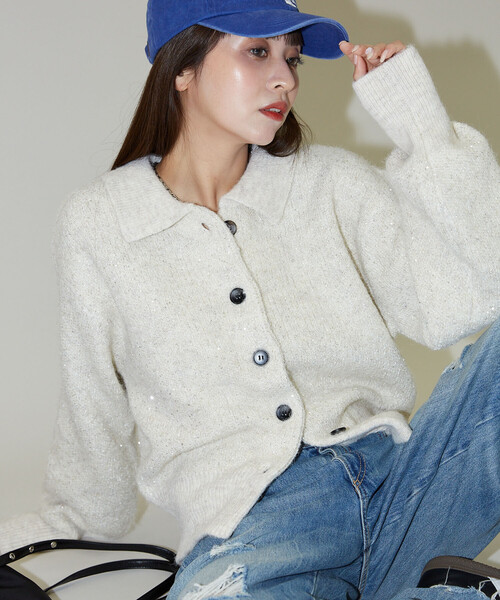 PUBLUX（パブリュクス）の「PUBLUX/パブリュクス スパンコール プレーティング ポロ カーディガン　限定展開（カーディガン/ボレロ・レディース・オフホワイト/チャコールグレー/ベージュ/ブラウン・ﾌﾘ-）」の14枚目の写真