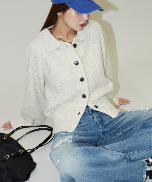 PUBLUX（パブリュクス）の「PUBLUX/パブリュクス スパンコール プレーティング ポロ カーディガン　限定展開（カーディガン/ボレロ・レディース・オフホワイト/チャコールグレー/ベージュ/ブラウン・ﾌﾘ-）」の16枚目の写真