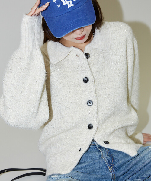 PUBLUX（パブリュクス）の「PUBLUX/パブリュクス スパンコール プレーティング ポロ カーディガン　限定展開（カーディガン/ボレロ・レディース・オフホワイト/チャコールグレー/ベージュ/ブラウン・ﾌﾘ-）」の21枚目の写真