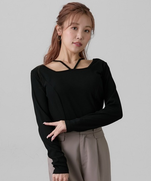 Nissen glamor(ニッセングラマー)の「【大きい胸専用】選べる衿デザイン美ラインスクエアネックリブトップス(ストラップ付・ストラップなし)(Tシャツ/カットソー・レディース・ピンク系1/ピンク系2/ブラック系1/ブラック系2/サックスブルー系1/サックスブルー系2・M/L/LL)」の2枚目の写真