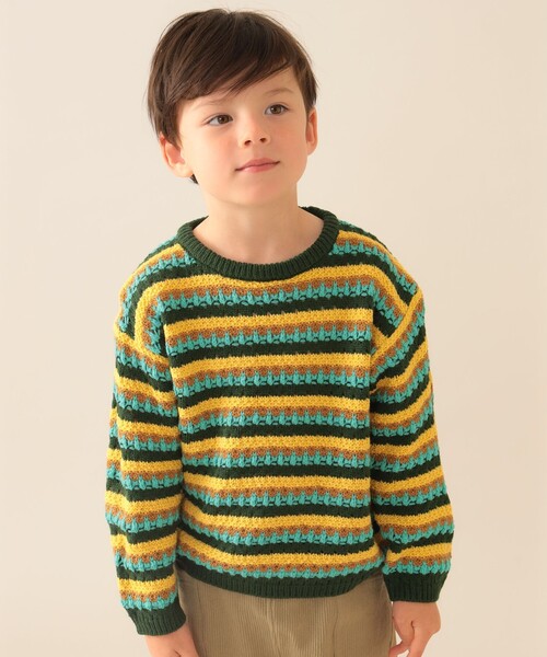 BEAMS mini（ビームスミニ）の「透かし編み ボーダー ニット 2025FW（90～140cm）（ニット/セーター・キッズ・グリーン/オレンジ系その他6・130/120/110/100/90/140）」の9枚目の写真