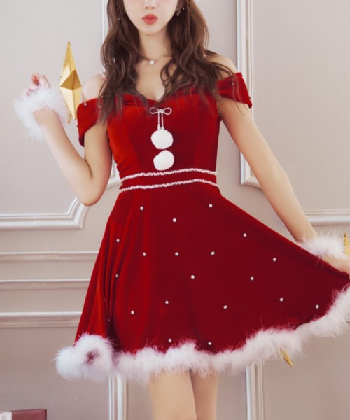 サンタコス 5点セット オフショルビジューリボンフレアサンタ オフショルビジューリボンフレアサンタ【サンタコス 5点セット