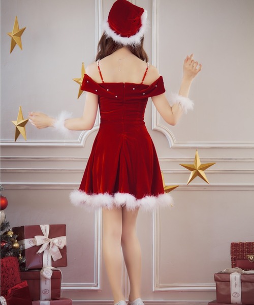 Sugar オフショルビジューリボンフレアサンタ オフショルビジューリボンフレアサンタ【サンタコス 5点セット