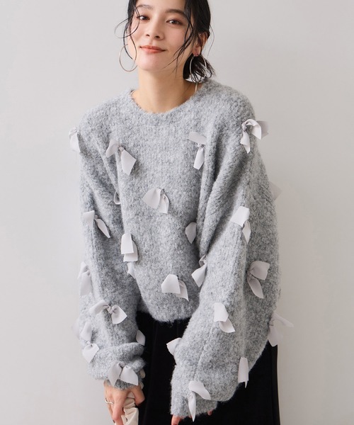 VIS(ビス)の「【WEB限定】ゆるっとボリュームリボンモチーフニット(ニット/セーター・レディース・チャコールグレー/キナリ・FREE)」の16枚目の写真