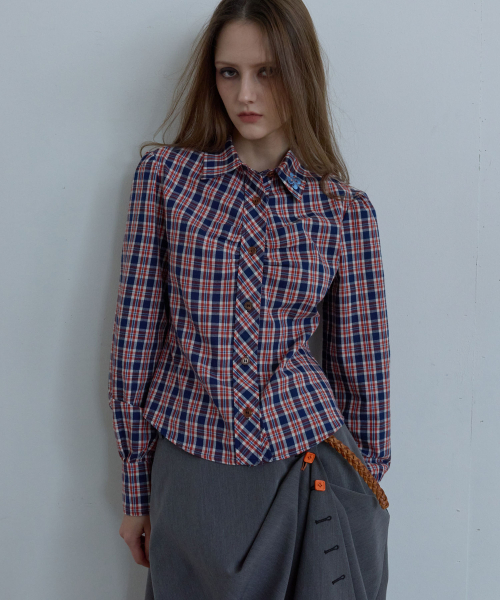 HERETIC(ヘレティック)の「BACK CURVE CHECK PUFF SHIRT / orange(シャツ/ブラウス・レディース・その他・FREE)」の1枚目の写真
