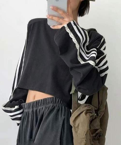 Riff(リフ)の「サイドレースライントップス(Tシャツ/カットソー・レディース・ブラック/ライトグレー/ネイビー・FREE)」の2枚目の写真