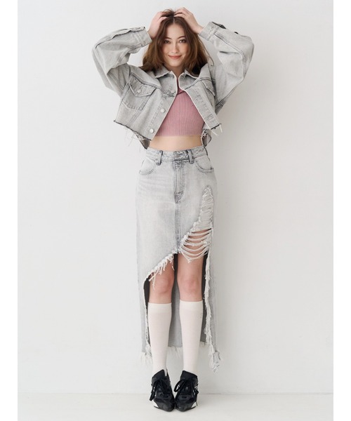 EVRIS(エヴリス)の「ヴィンテージライクカラーデニムブルゾン【セットアップ着用可能】(デニムジャケット・レディース・インディゴブルー/グレー/ブルー・FREE)」の12枚目の写真