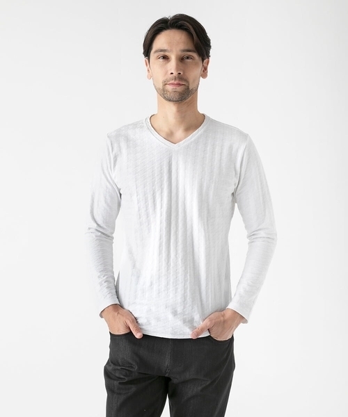 MICHEL KLEIN HOMME   （ミッシェルクランオム）の「チドリ柄Vネックカットソー（Tシャツ/カットソー・メンズ・ホワイト/ネイビー/ダークグレー・MEDIUM/LARGE/X-LARGE）」の2枚目の写真
