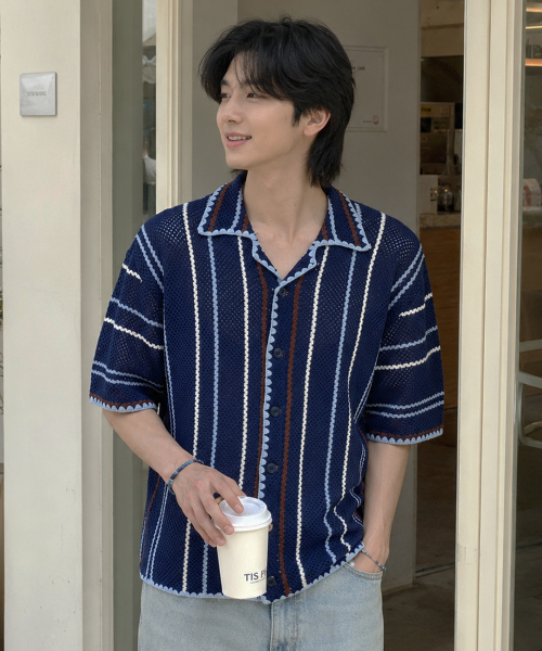 Страйп‑крoш‑нит футболка NEVY — Stripe Knit T‑shirt (navy)