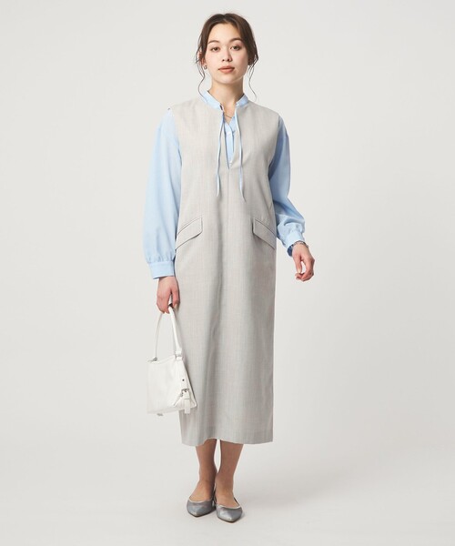 green label relaxing（グリーンレーベルリラクシング）の「［size SHORTあり］リネンライク キーネック ジャンパースカート（ジャンパースカート・レディース・ブラック/ベージュ/ライトグレー・SHORT/FREE）」の3枚目の写真