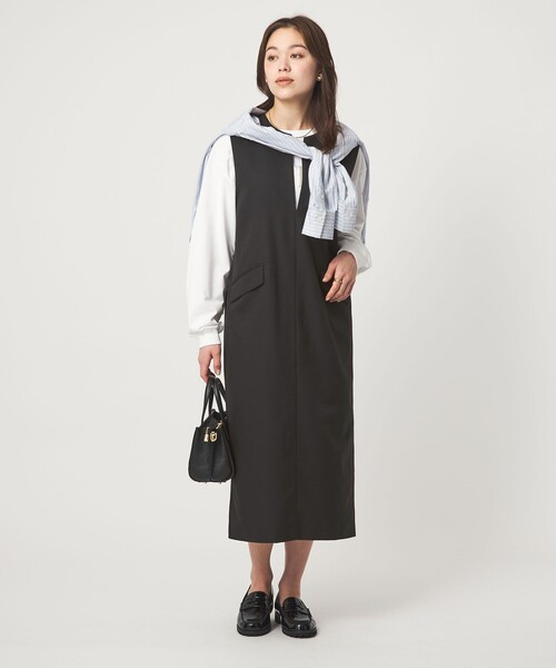 green label relaxing（グリーンレーベルリラクシング）の「［size SHORTあり］リネンライク キーネック ジャンパースカート（ジャンパースカート・レディース・ブラック/ベージュ/ライトグレー・SHORT/FREE）」の2枚目の写真