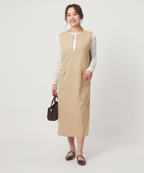 green label relaxing（グリーンレーベルリラクシング）の「［size SHORTあり］リネンライク キーネック ジャンパースカート（ジャンパースカート・レディース・ブラック/ベージュ/ライトグレー・SHORT/FREE）」の4枚目の写真