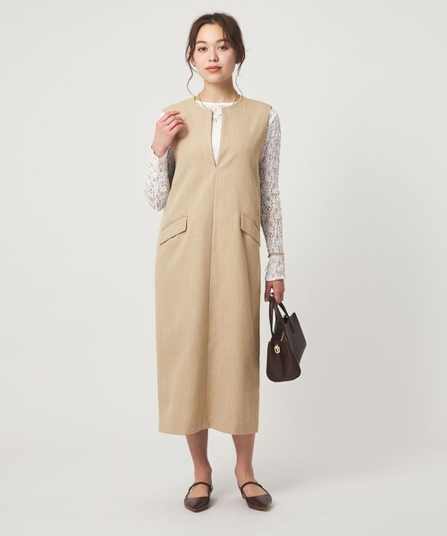 green label relaxing（グリーンレーベルリラクシング）の「［size SHORTあり］リネンライク キーネック ジャンパースカート（ジャンパースカート・レディース・ブラック/ベージュ/ライトグレー・SHORT/FREE）」の5枚目の写真