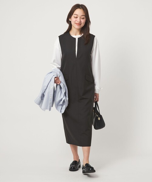 green label relaxing（グリーンレーベルリラクシング）の「［size SHORTあり］リネンライク キーネック ジャンパースカート（ジャンパースカート・レディース・ブラック/ベージュ/ライトグレー・SHORT/FREE）」の7枚目の写真