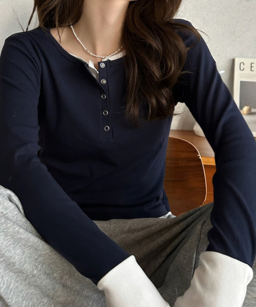 Eclat one(エクラワン)の「【Eclat one】フェイクレイヤード ヘンリーネック カットソー(Tシャツ/カットソー・レディース・グレー/ブラック/ネイビー・FREE)」の13枚目の写真