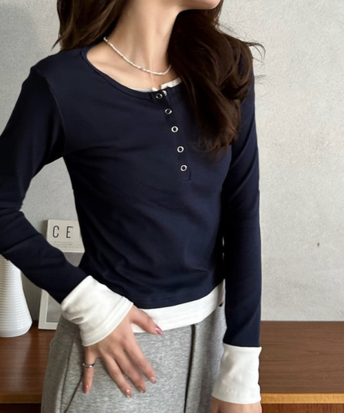 Eclat one(エクラワン)の「【Eclat one】フェイクレイヤード ヘンリーネック カットソー(Tシャツ/カットソー・レディース・グレー/ブラック/ネイビー・FREE)」の14枚目の写真