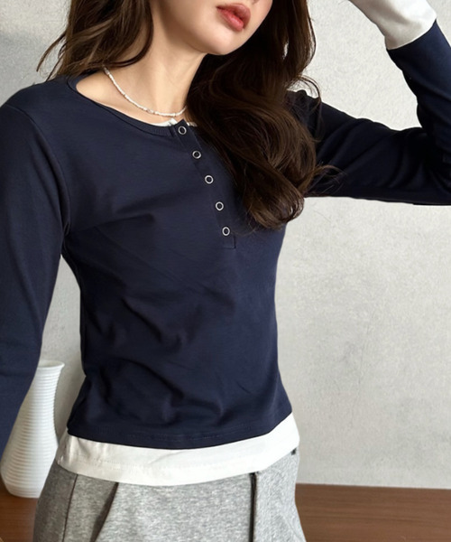 Eclat one(エクラワン)の「【Eclat one】フェイクレイヤード ヘンリーネック カットソー(Tシャツ/カットソー・レディース・グレー/ブラック/ネイビー・FREE)」の16枚目の写真