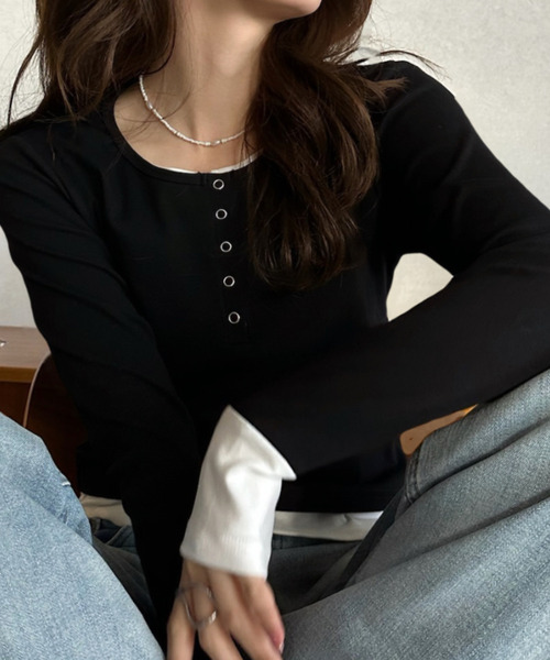 Eclat one(エクラワン)の「【Eclat one】フェイクレイヤード ヘンリーネック カットソー(Tシャツ/カットソー・レディース・グレー/ブラック/ネイビー・FREE)」の9枚目の写真