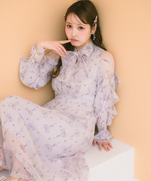 セール】リボン柄シアーロングワンピース（ワンピース）｜couture BY