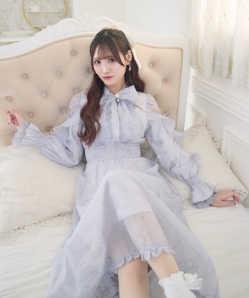 セール】リボン柄シアーロングワンピース（ワンピース）｜couture BY