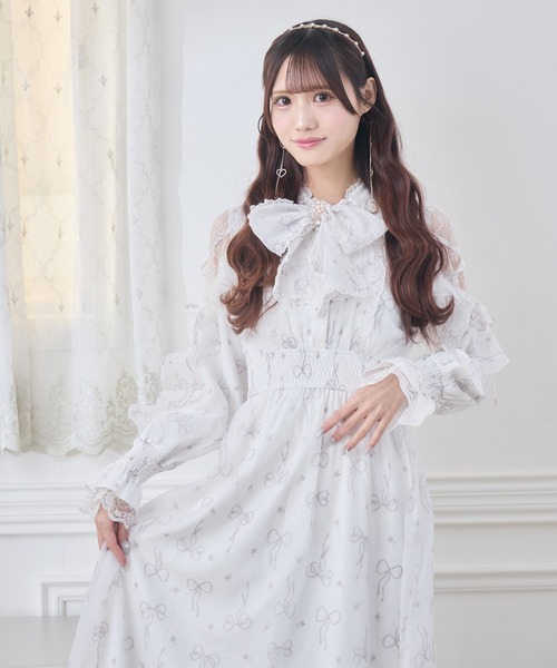 セール】リボン柄シアーロングワンピース（ワンピース）｜couture BY