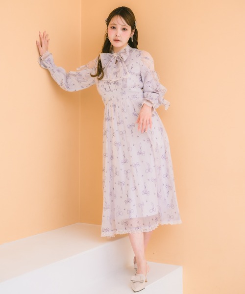 リボン柄シアーロングワンピース（ワンピース）｜couture BY ROJITA
