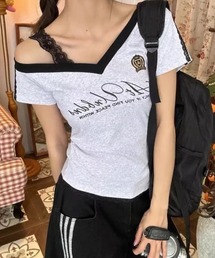 サイドラインゲームデザイン ワンショルレース紐プリント VネックTシャツ