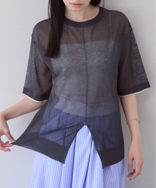 SOYEN(ソイエン)の「2WAYスリットシアーニットTシャツ(Tシャツ/カットソー・レディース・チャコール/クリーム・F)」の1枚目の写真