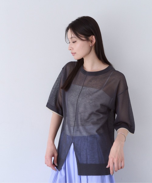 SOYEN(ソイエン)の「2WAYスリットシアーニットTシャツ(Tシャツ/カットソー・レディース・チャコール/クリーム・F)」の6枚目の写真