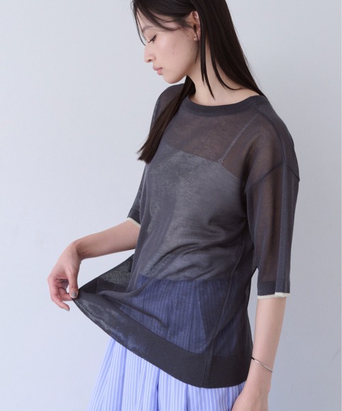 SOYEN(ソイエン)の「2WAYスリットシアーニットTシャツ(Tシャツ/カットソー・レディース・チャコール/クリーム・F)」の13枚目の写真