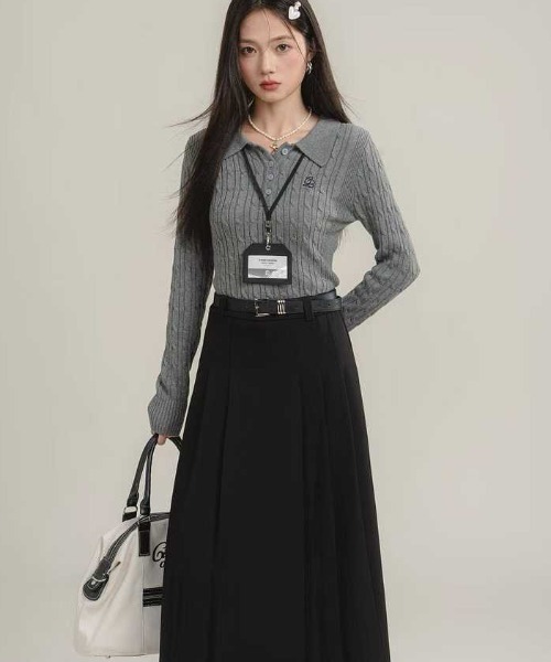 gossip!ロサンゼルス(ゴシップロサンゼルス)の「サイドプリーツスカート ベルト付き(スカート・レディース・ブラック/グレー・M/L)」の4枚目の写真