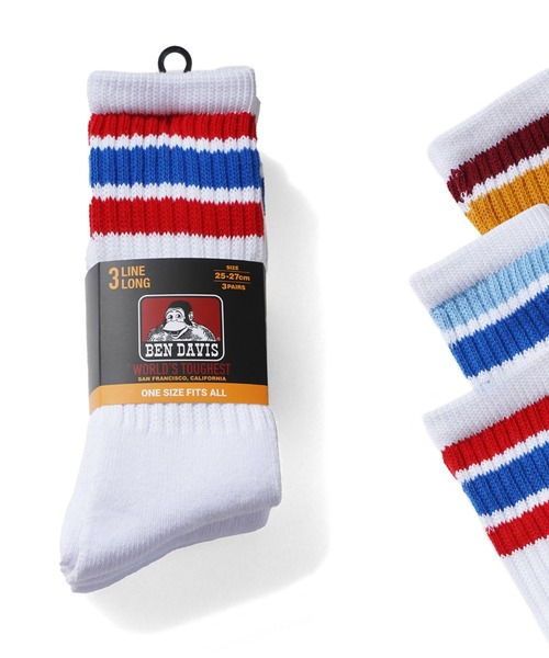 BEN DAVIS(ベンデイビス)の「3P LINE SOCKS /3枚セット ライン靴下(ソックス/靴下・メンズ・ホワイト・FREE)」の2枚目の写真
