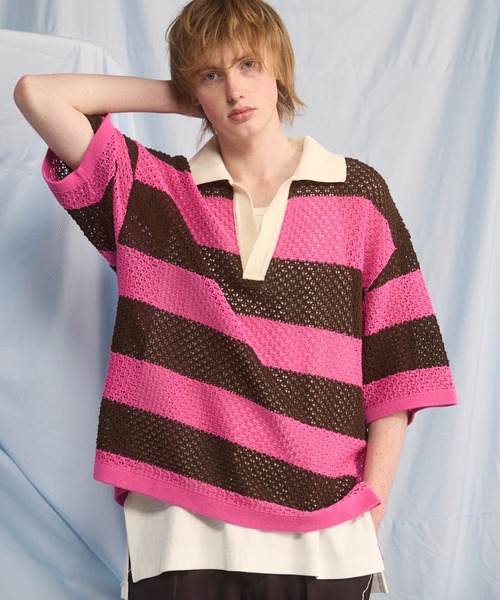 UNISEX》Rugby Border Prime-Over Skipper Knit Polo Shirt/ラガー