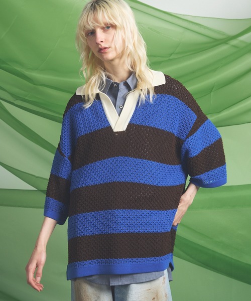 UNISEX》Rugby Border Prime-Over Skipper Knit Polo Shirt/ラガー