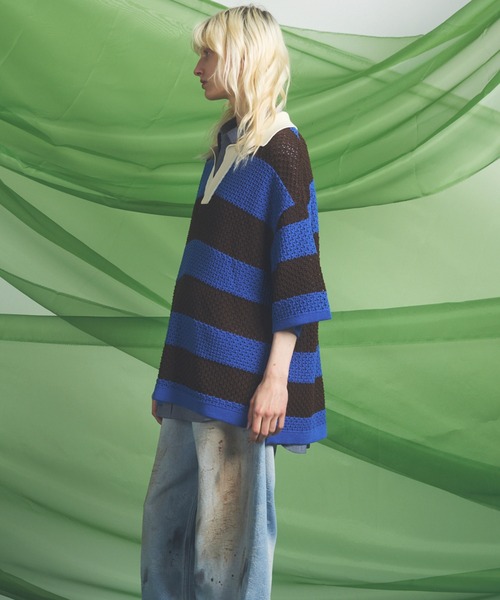 MAISON SPECIAL(メゾンスペシャル)の「《UNISEX》Rugby Border Prime-Over Skipper Knit Polo Shirt/ラガーボーダープライムオーバースキッパーニットポロシャツ【MAISON SPECIAL/メゾンスペシャル】(ポロシャツ・メンズ・ピンク/ブルー/ブラック・2/1/0)」の9枚目の写真