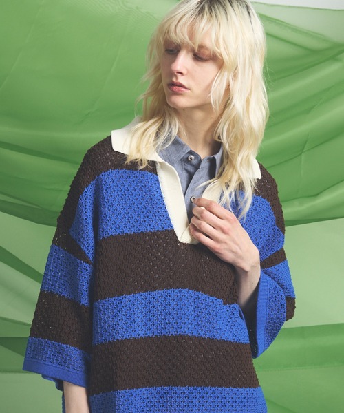 MAISON SPECIAL(メゾンスペシャル)の「《UNISEX》Rugby Border Prime-Over Skipper Knit Polo Shirt/ラガーボーダープライムオーバースキッパーニットポロシャツ【MAISON SPECIAL/メゾンスペシャル】(ポロシャツ・メンズ・ピンク/ブルー/ブラック・2/1/0)」の11枚目の写真
