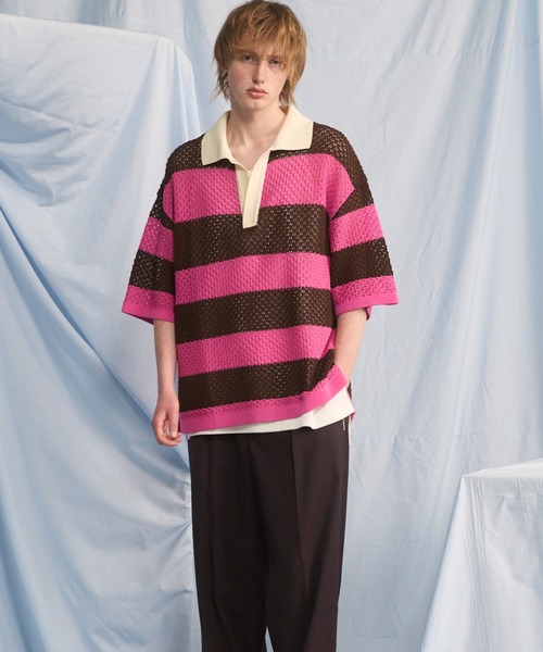 MAISON SPECIAL(メゾンスペシャル)の「《UNISEX》Rugby Border Prime-Over Skipper Knit Polo Shirt/ラガーボーダープライムオーバースキッパーニットポロシャツ【MAISON SPECIAL/メゾンスペシャル】(ポロシャツ・メンズ・ピンク/ブルー/ブラック・2/1/0)」の18枚目の写真