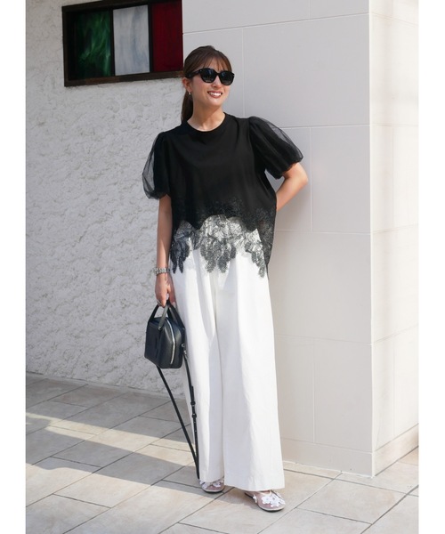 BeBeoD(べベッド)の「レースチュールドッキングパフスリーブトップス(Tシャツ/カットソー・レディース・ホワイト/ブラック・フリー)」の9枚目の写真