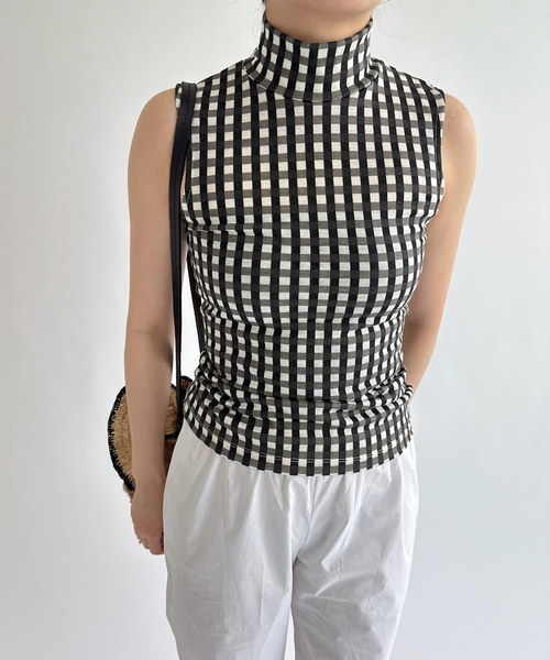 EDIT. FOR LULU(エディットフォールル)の「【babaco/ババコ】Gingham Check High Neck Top(Tシャツ/カットソー・レディース・カーキ/ブラック・FREE)」の4枚目の写真