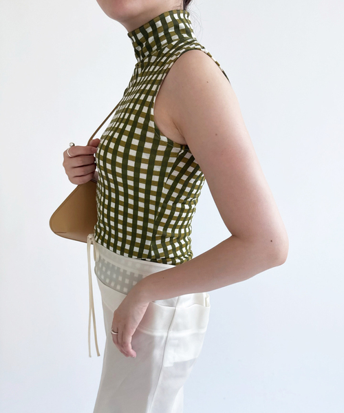 EDIT. FOR LULU(エディットフォールル)の「【babaco/ババコ】Gingham Check High Neck Top(Tシャツ/カットソー・レディース・カーキ/ブラック・FREE)」の7枚目の写真